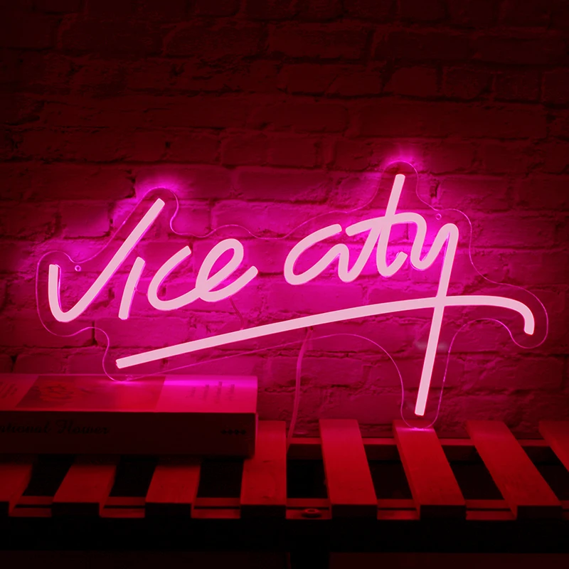 Розовая неоновая вывеска Vice City Led Неоновая подсветка для спальни, неоновые буквы, подсветка игровой комнаты, неоновая светодиодная вывеска, бар, вечеринка, паб для мужчин и девочек в помещении.