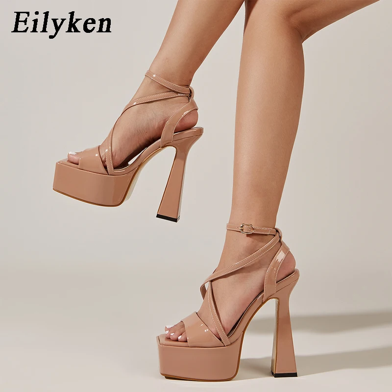Модные женские босоножки Eilyken на не сужающемся книзу массивном очень высоком каблуке; Новинка 2024 года; Летние вечерние туфли для выпускного вечера с открытым носком на платформе и ремешком с пряжкой