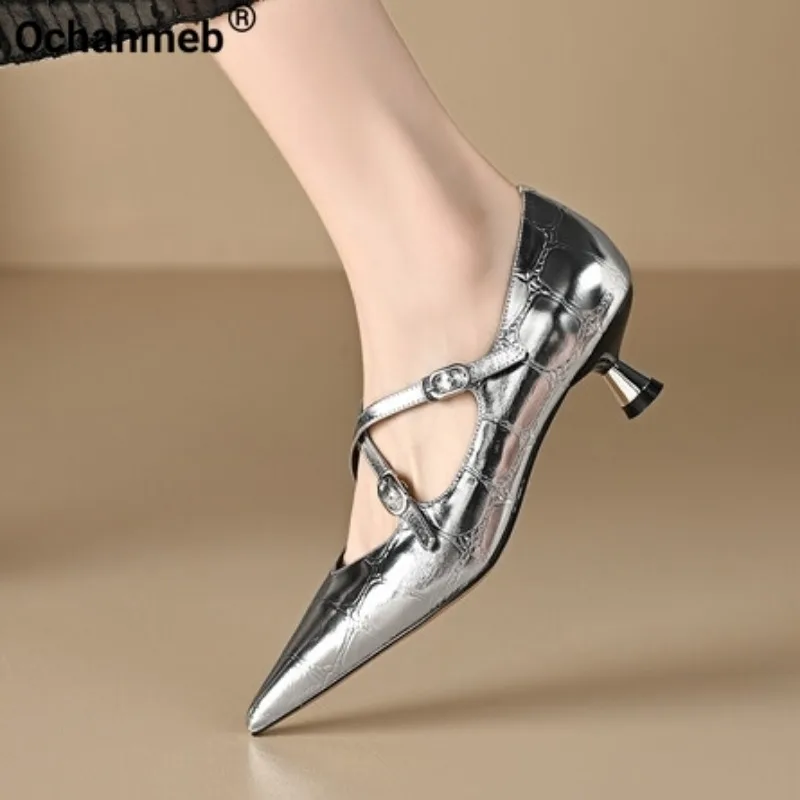 Ochanmeb/ Серебристые женские туфли-лодочки из натуральной кожи с перекрестным ремешком и пряжкой, туфли-лодочки на среднем каблуке с острым носком, женская обувь на мелкой подошве, весна 40 г.