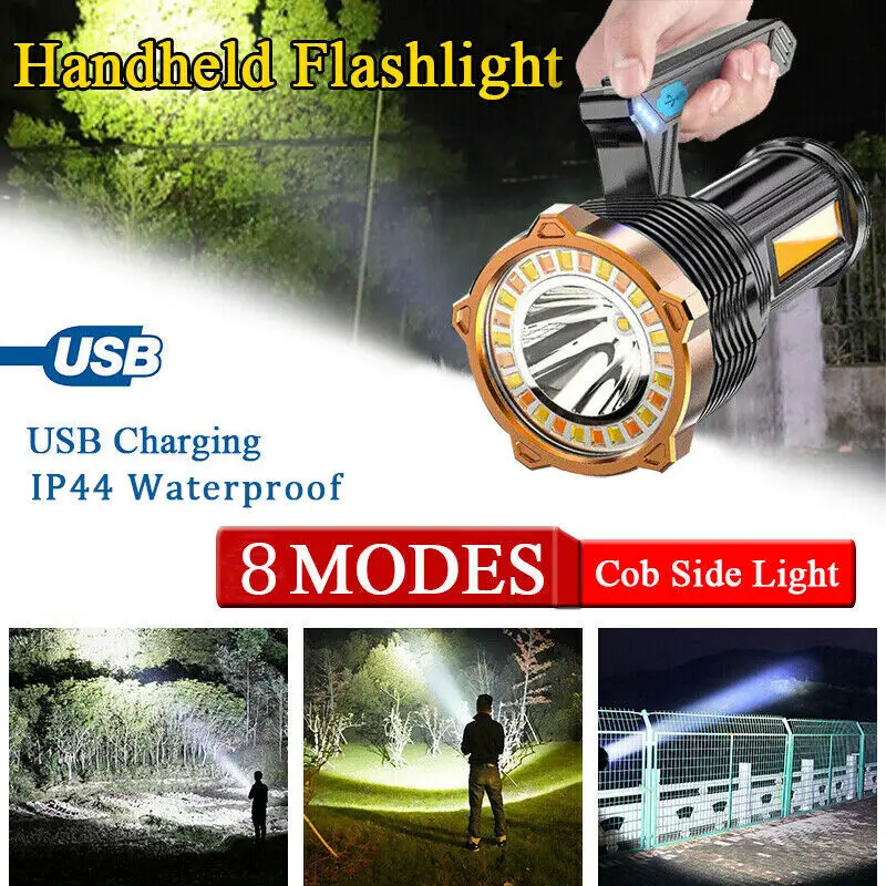Портативный светодиодный + COB фонарик, USB Перезаряжаемый фонарь для кемпинга, наружный прожектор, ручной прожектор, водонепроницаемый фонарь с крючком