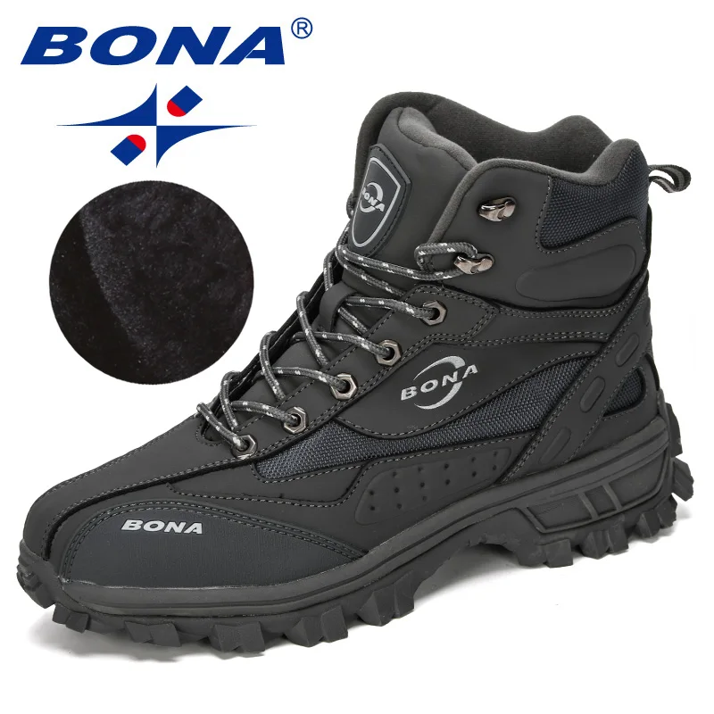 Модная кожаная обувь от BONA New Designers, обувь для скалолазания и рыбалки, мужская уличная обувь, мужские зимние ботинки с высоким берцем, удобные плюшевые ботинки