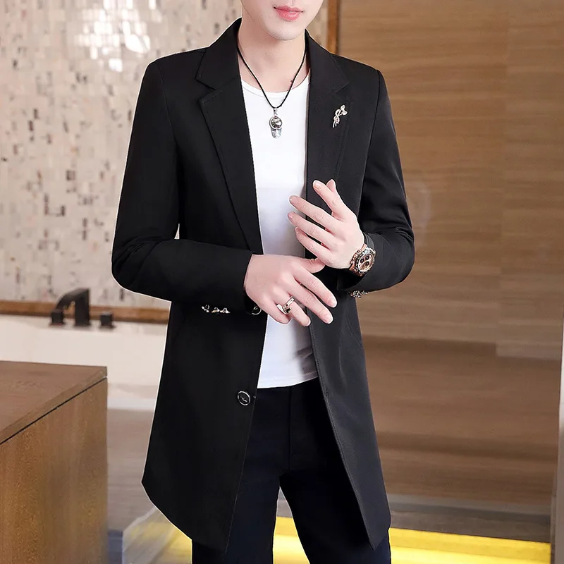 Новый мужской деловой повседневный модный Городской Корейский тренд Тонкий однотонный маленький пиджак Весенние блейзеры длинное пальто