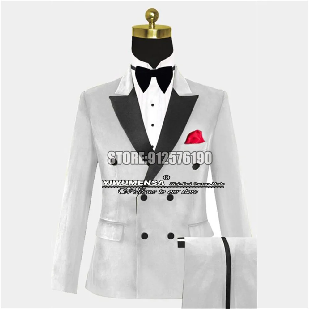 Сшитые на заказ мужские костюмы из белого бархата, Приталенный двубортный пиджак + брюки, 2 предмета, деловой Мужской смокинг, свадебный смокинг