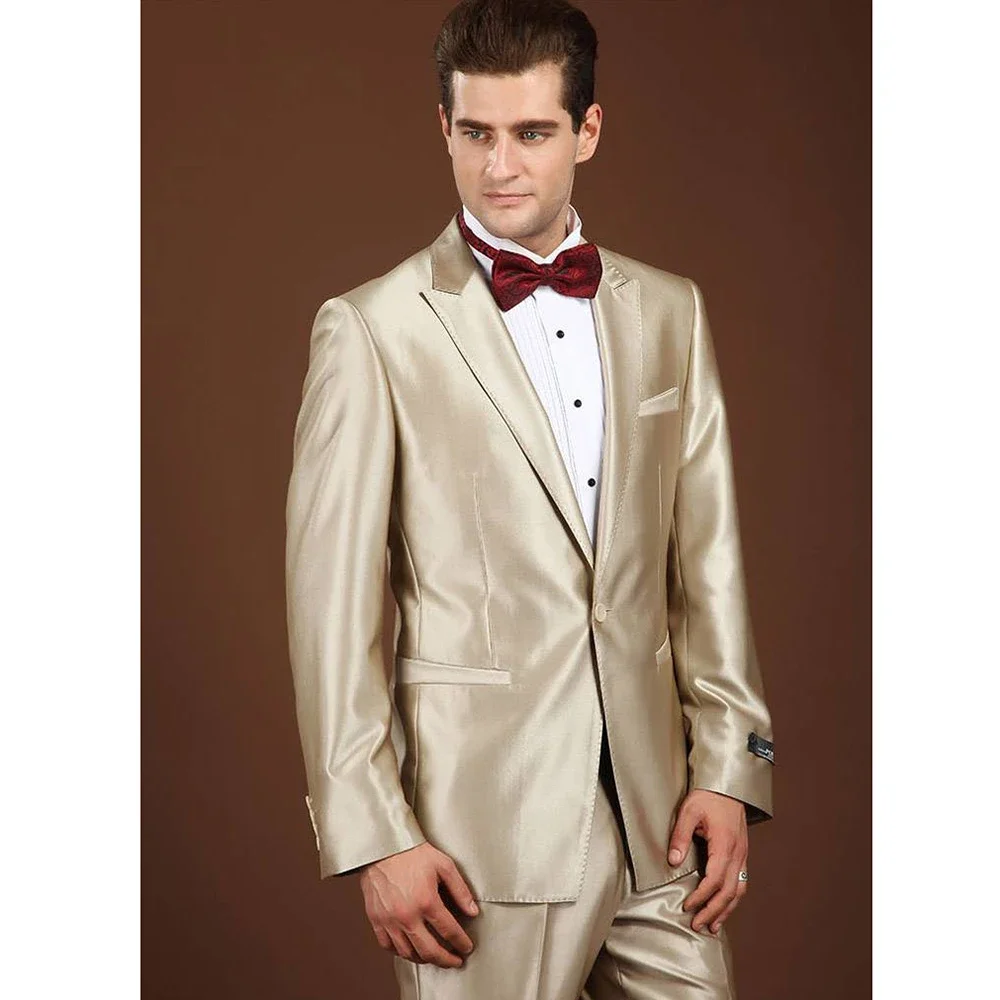 Новое поступление, Мужской костюм, Атласный Модный блейзер с отворотом на одной пуговице, выпускной вечер, Свадебный смокинг, строгий костюм, приталенный комплект из 2 предметов