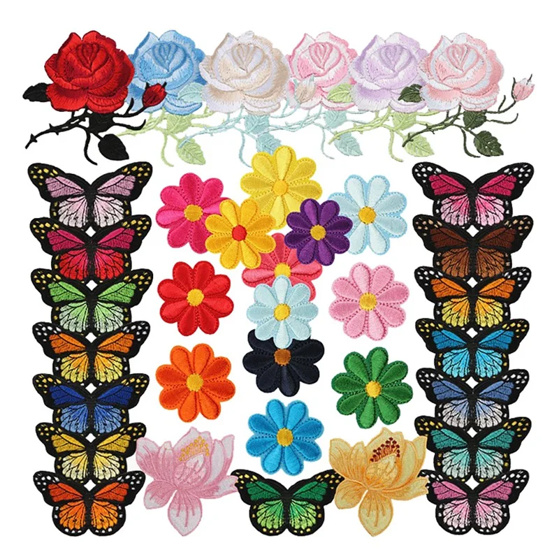 36 ШТ., нашивки с цветами-бабочками, красочные пришивные аппликации, вышивка, значок, нашивка с логотипом, аппликация, розы, поделки своими руками