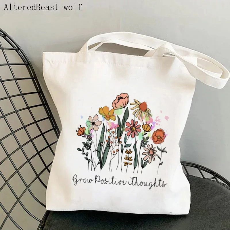 Женская сумка-шоппер Grow Positive Thought Printed art Bag Harajuku Shopping Холщовая Сумка-Шоппер для девочек, Женская сумка-Тоут на плечо