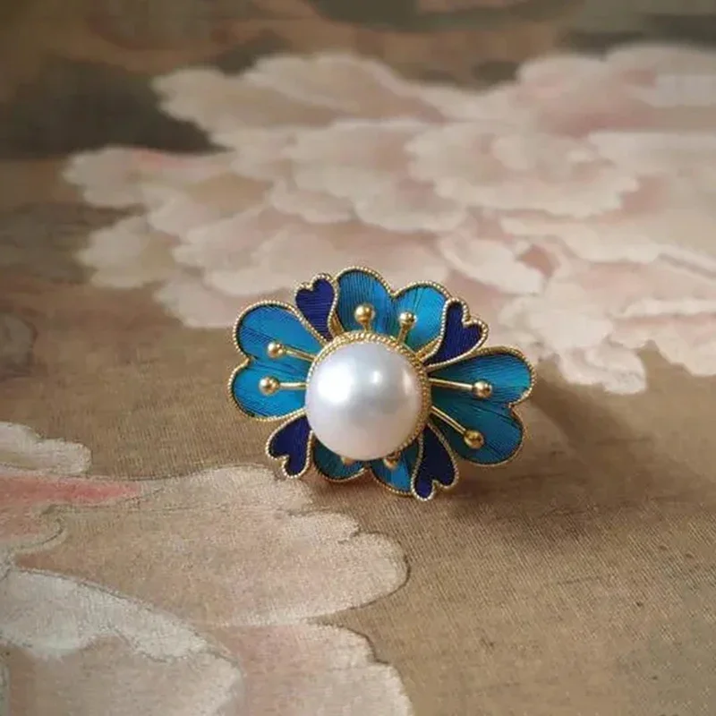 Оригинальные кольца с цветами из эмалированного фарфора и жемчуга для женщин в стиле ретро-дворца, легкая роскошная подвеска, женские серебряные украшения