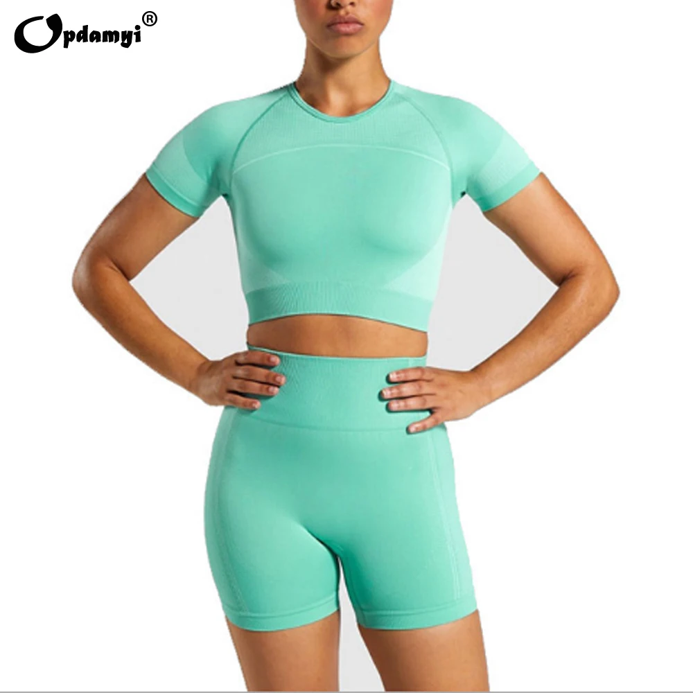 Бесшовные женские шорты для бега, йоги, рубашки для спортзала, укороченный топ для йоги, футболка для фитнеса с коротким рукавом, спортивная одежда для спортзала, костюм