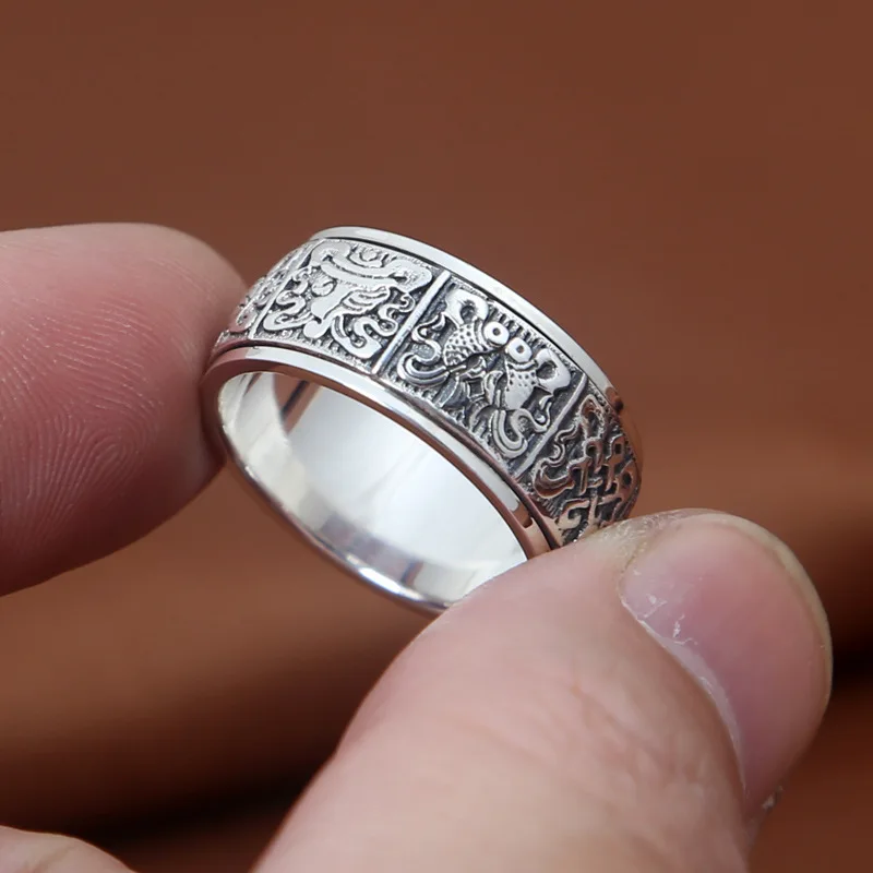 Кольцо из настоящего серебра S925 для мужчин и женщин, буддийские восемь сокровищ, благоприятная тайская серебряная индивидуальность, способная превратить мужские и женские кольца
