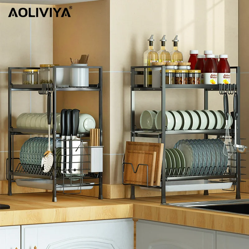 Подставка для слива посуды AOLIVIYA, Столешница из нержавеющей стали, Многослойная кухонная полка, Подставка для хранения кухонных принадлежностей, палочек для еды