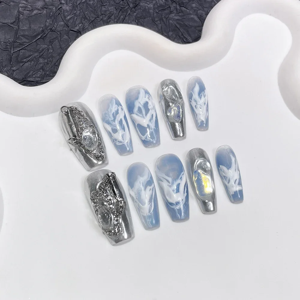 Синий пресс ручной работы на ногтях Корейский Y2K с брелоками Многоразовые Клейкие накладные ногти Искусственные типсы для ногтей Пригодный для носки Маникюр Нейл-арт