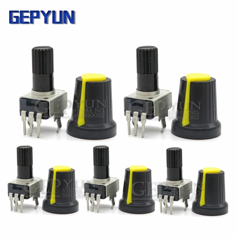 5 Комплектов RV09 Вертикальный Регулируемый резистор 1K ~ 500K Ом Gepyun 3pin Потенциометр Уплотнения с ручкой Желтый колпачок (5ШТ + 5ШТ)