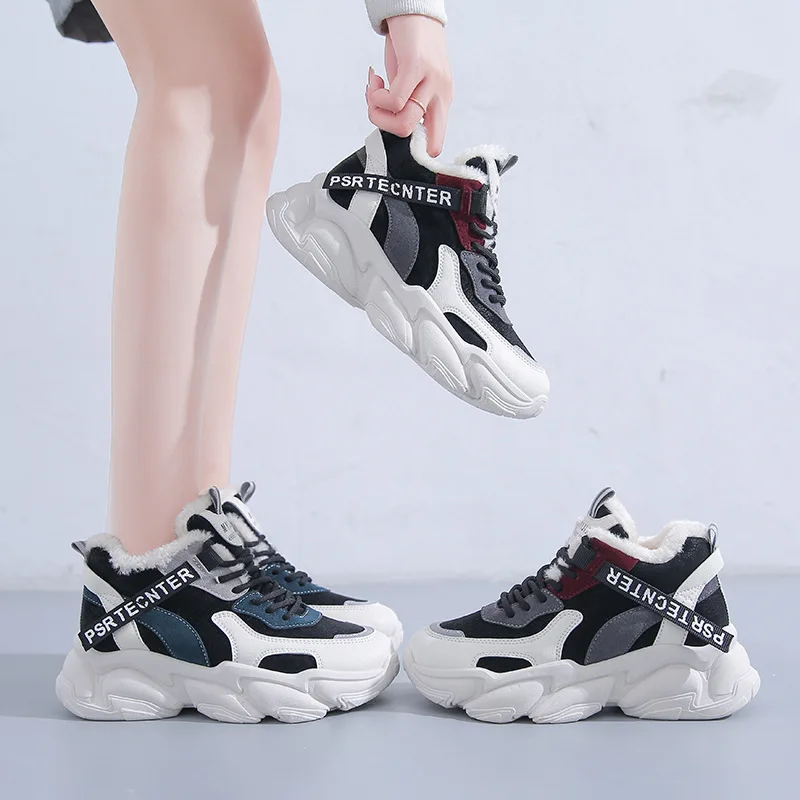 Хлопковая обувь 2023, осень / зима, Новая женская обувь для папы с высоким берцем Instagram, Модная студенческая спортивная обувь, популярная в Интернете Повседневная обувь