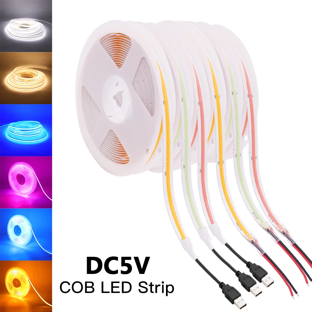 COB LED Strip Light DC5V USB Гибкое Линейное Освещение 320 Светодиодов Высокой Плотности FOB LED Лента С Регулируемой Яркостью Веревка Белый Розовый Желтый Ледяной Синий