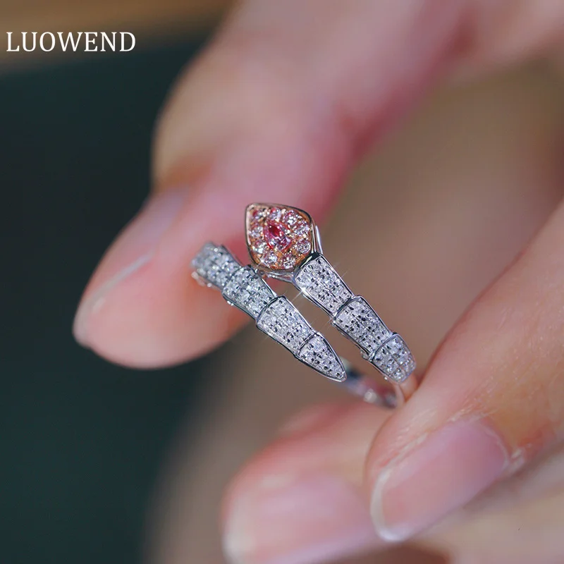 Кольца LUOWEND из белого золота 18 Карат с настоящим натуральным розовым бриллиантом, Обручальное кольцо для женщин, свадебные украшения, Модный Змеиный дизайн