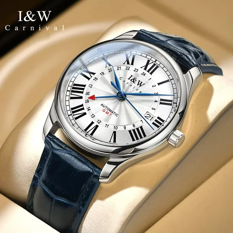 Мужские часы Carnival бренда IW Fashion с двумя часовыми поясами, роскошные Кожаные Водонепроницаемые Сапфировые Импортные Механические часы