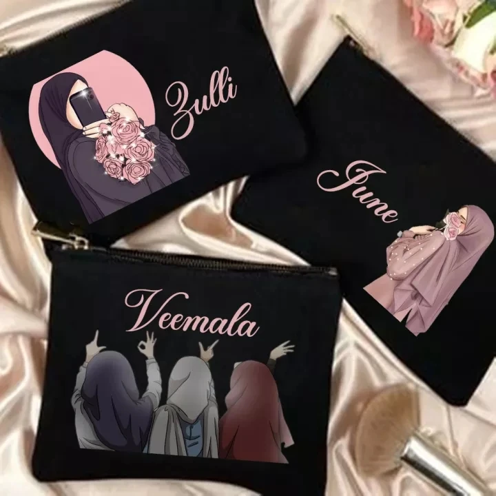 Персонализированная косметичка для девочек в хиджаби, сумка-органайзер для путешествий, подарки для мусульманских девочек, Именные сумки на молнии, косметические сумки, Подарки на Ид