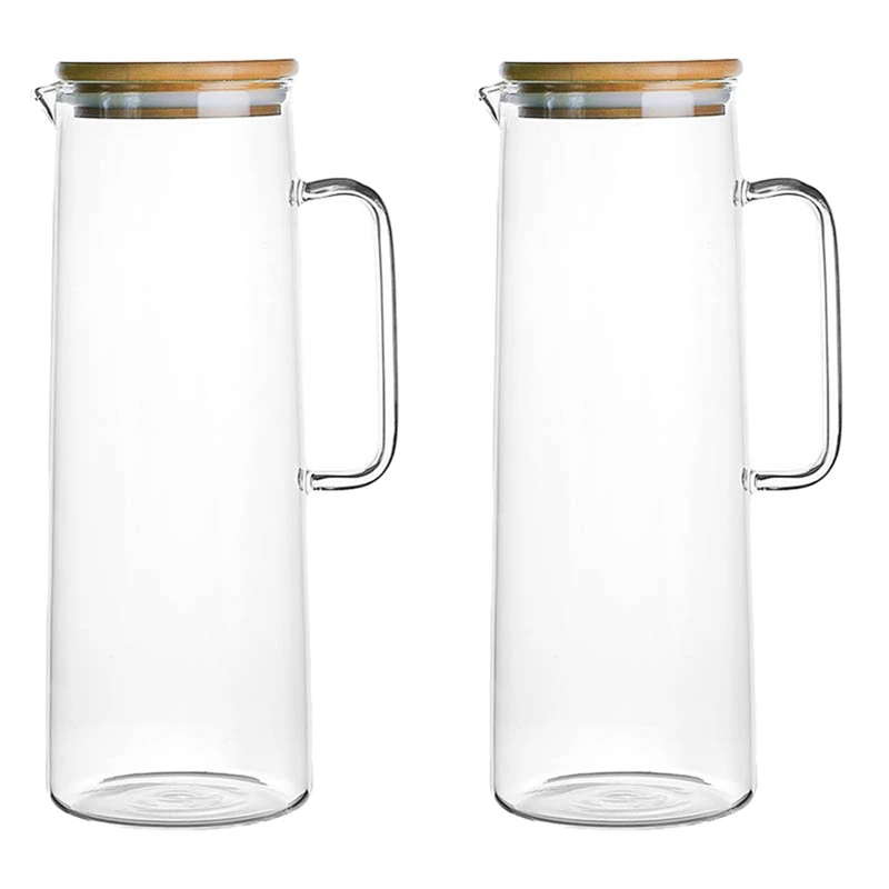 2X Стеклянный кувшин для воды объемом 1,7 л С ручкой Бамбуковая крышка Термостойкий Чайник для холодной и горячей воды Емкость Кувшин для чая Кувшин для воды сока