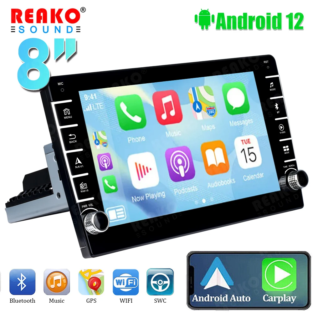 REAKOSOUND 1 Din Универсальный 8-Дюймовый Android 12 Мультимедийный Плеер С Сенсорным Экраном Bluetooth WiFi Carplay Стерео Навигация Радио