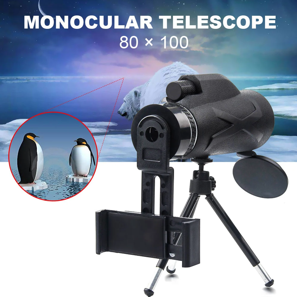 Портативный оптический телескоп Prism BAK4 с монокулярным зумом 80X100 с зажимом для телефона и штативом для охоты кемпинга и наблюдения за животными