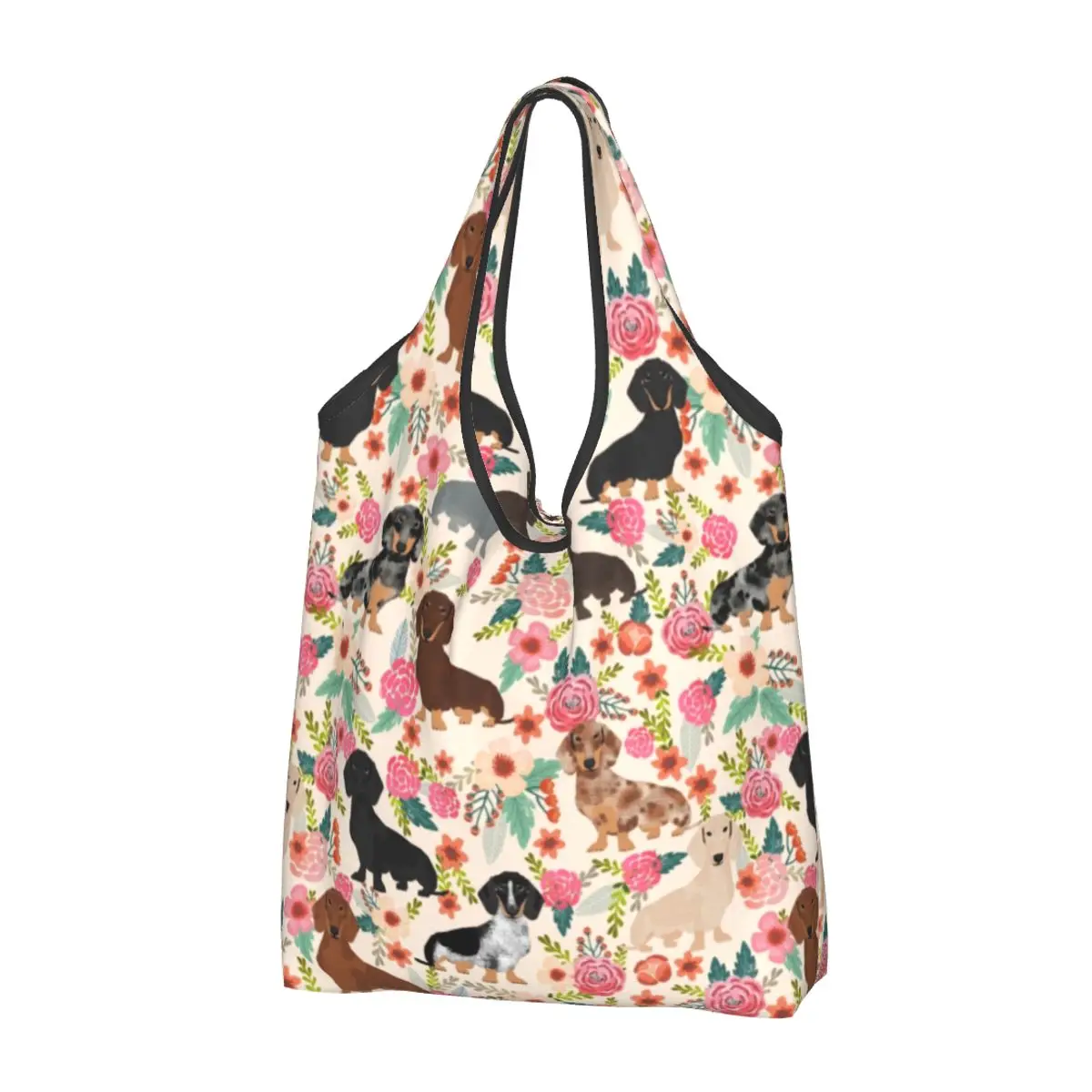 Сумки для покупок с цветочным рисунком Таксы и собаки в стиле Каваи, Портативная сумка для покупок, сумка для барсучьих сосисок через плечо