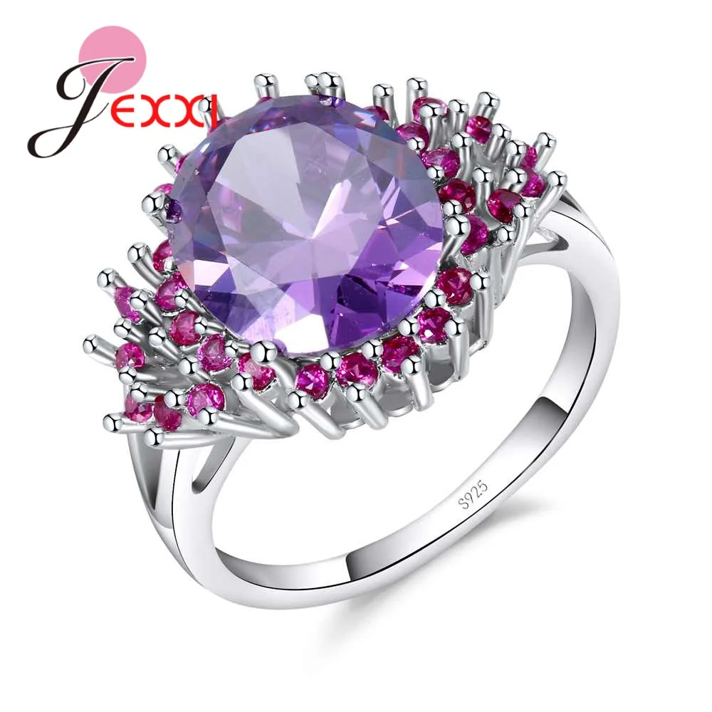 Новый Роскошный кристалл стерлингового серебра 925 пробы фиолетового цвета, Большое кольцо с кубическим цирконием, Милые ювелирные изделия, женская помолвка для вечеринки