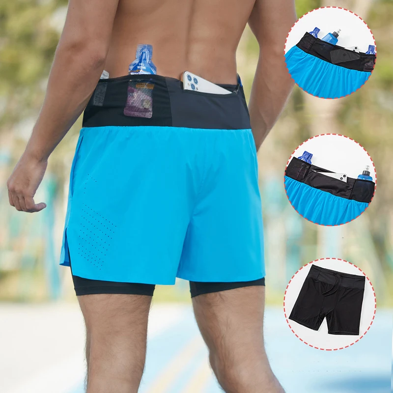 (S-2XL) Мужские шорты для бега по тропе, дышащие, быстросохнущие, защищающие от натирания, двухслойные с внутренней подкладкой, спортивные шорты для марафона с полным карманом
