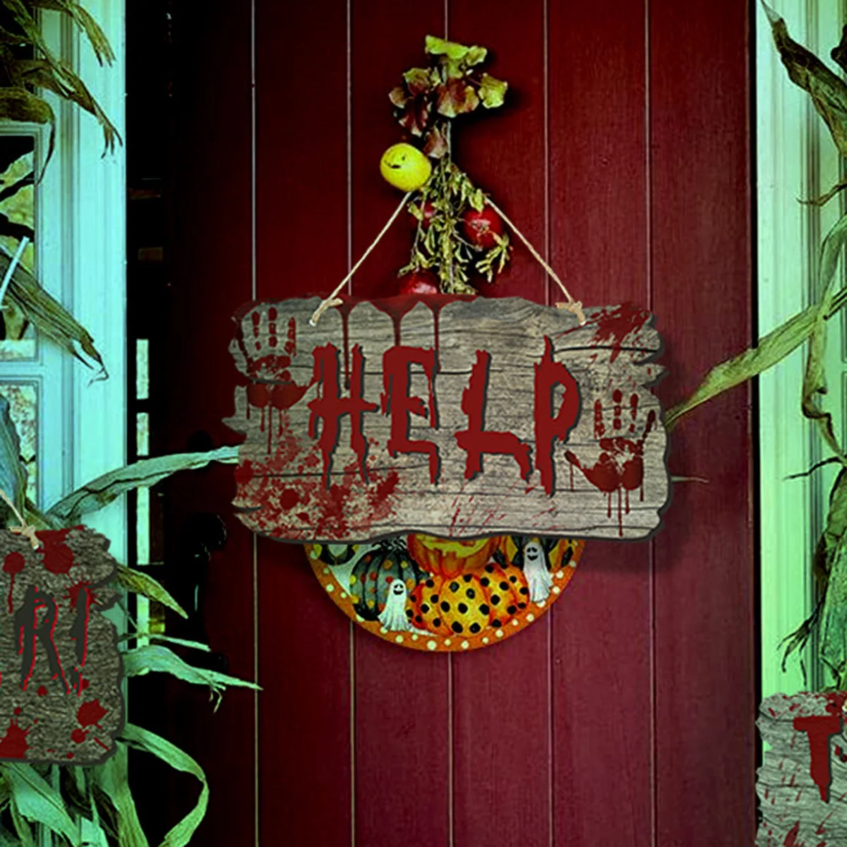 Имитация деревянной дверной вывески Дом с Привидениями Ужасающее украшение с кровавым отпечатком пальца Висящие украшения на Хэллоуин для дома