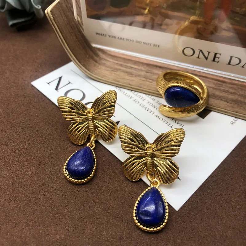винтажные серьги Высокого дизайна, серьги-кольца с бабочками из лазурита, покрытые старинным золотом
