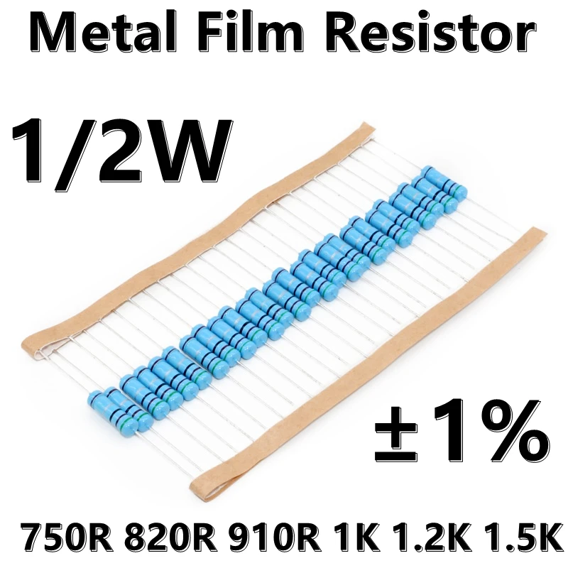 (100шт) 1/2 Вт Металлический пленочный резистор 1% пятицветный кольцевой прецизионный резистор 750R 820R 910R 1K 1.2K 1.5K