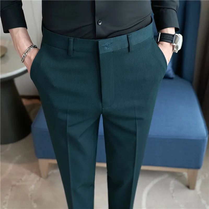 Осенние Мужские Модные брюки с вышивкой, Корейское Деловое платье, Однотонные брюки для костюма, официальные Офисные, социальные, приталенные Повседневные брюки для костюма