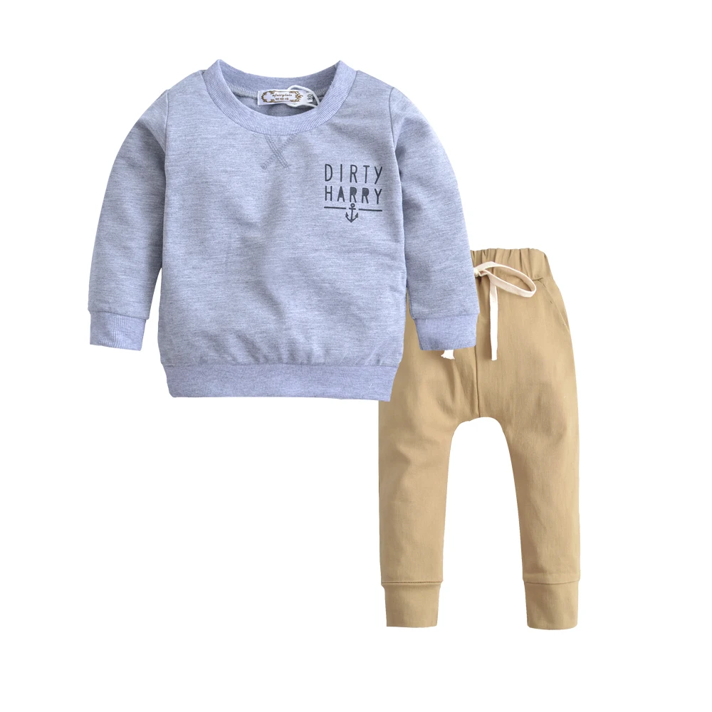 Одежда для маленьких мальчиков, Детский хлопковый серый свитер с длинными рукавами + брюки цвета хаки, 2 предмета, трендовый комплект детской одежды, модный комплект для маленьких мальчиков