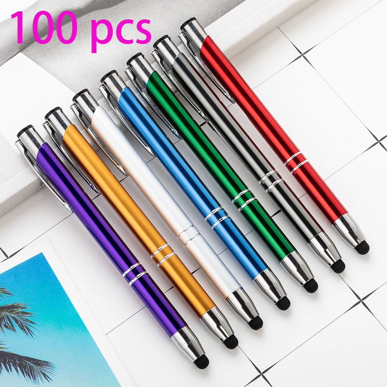 100 шт. многоцветная металлическая шариковая ручка с сенсорным экраном, ручка с алюминиевым стержнем, рекламная ручка с лазерным логотипом на заказ для подарка в офис Schoole