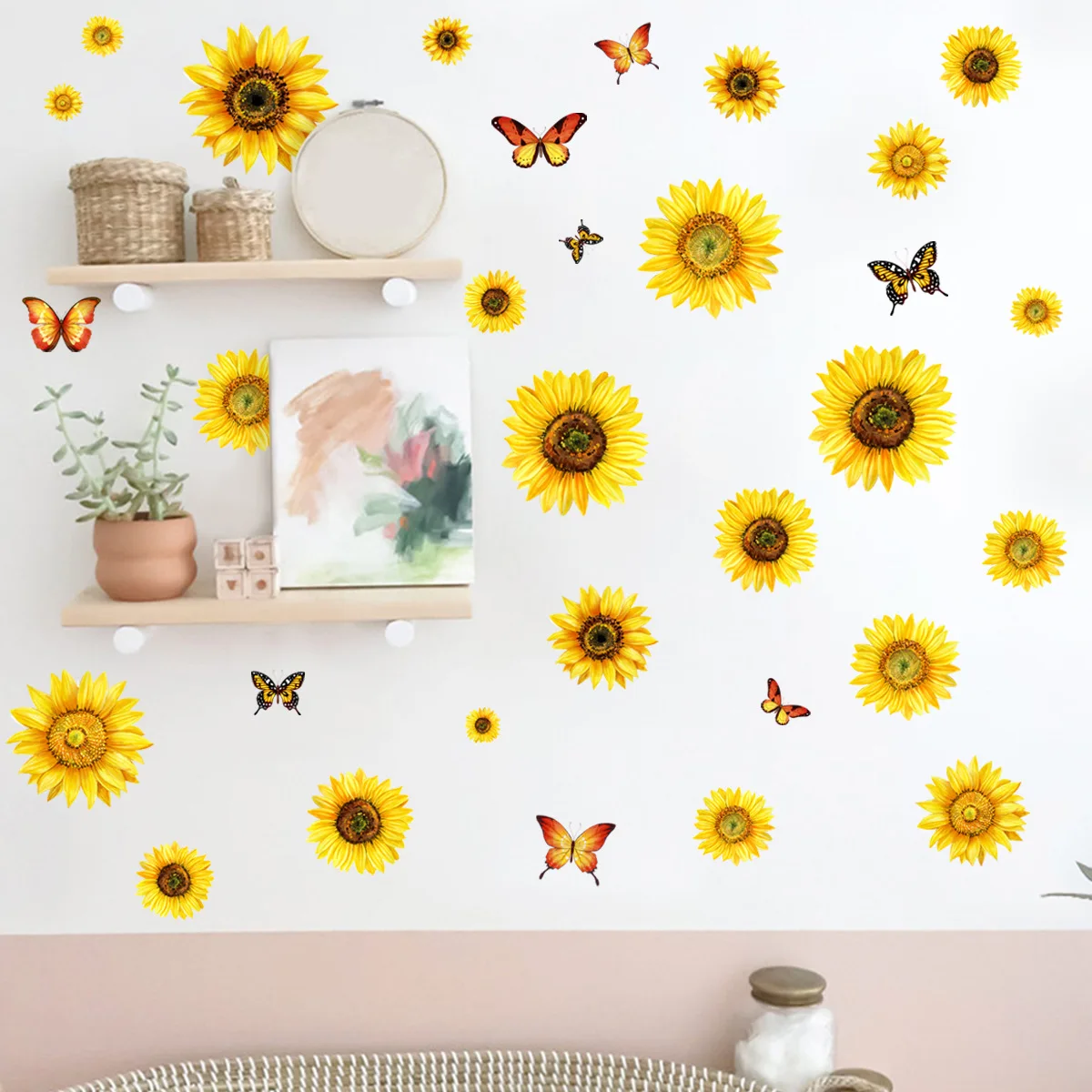Наклейки на стену с цветочным подсолнухом и бабочкой для декора фоновых стен в комнате - Самоклеящиеся наклейки на стены