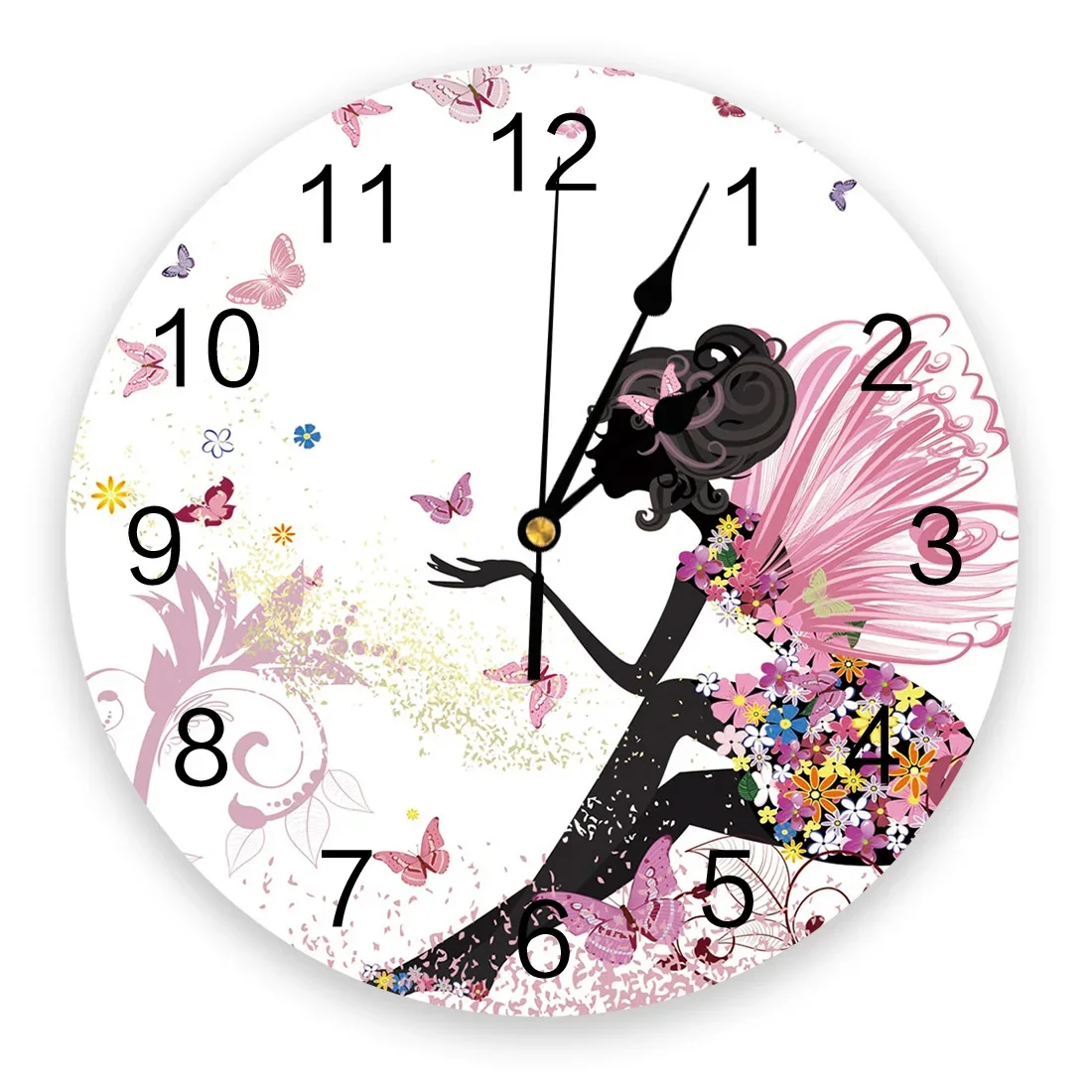Бесшумные Декоративные Настенные часы с мультяшной девушкой-бабочкой, круглые Цифровые часы для домашнего офиса, Школьные Часы