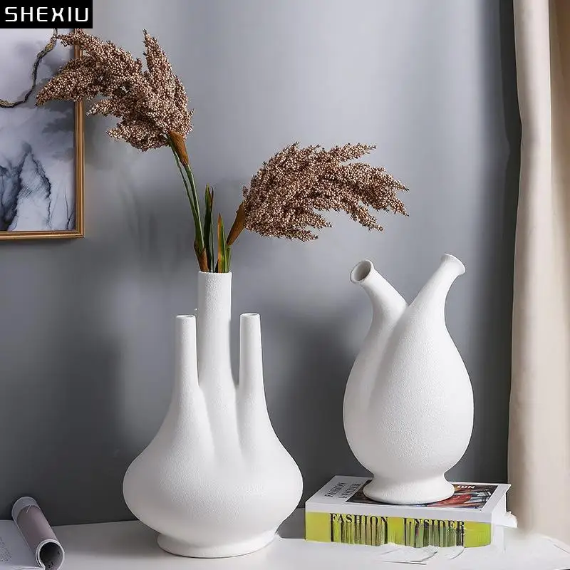 Скандинавская белая Геометрическая керамическая ваза, Цветочная композиция, украшение из сушеных цветов, Матовая художественная ваза неправильной формы, домашний декор