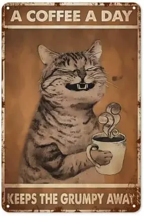 Забавные Кухонные Вывески Настенный Декор Kitty Coffee Sign A Coffee A Day Kepps The Grumpy Away Винтажная Жестяная Вывеска Металлические Украшения 8 x 12