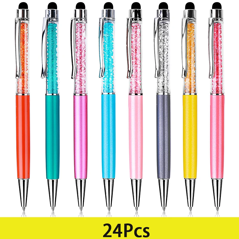 24шт Хрустальные ручки, блестящие бриллиантовые ручки, красивая ручка для ведения журнала, металлические тонкие шариковые ручки, стилус с сенсорным экраном, забавная ручка