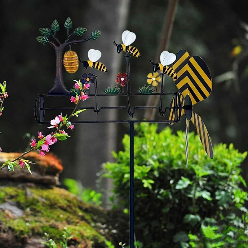 Новая металлическая пчелиная ветряная мельница Bees Wind Spinner Садоводство во дворе Декоративное вертушка Украшение сада на открытом воздухе
