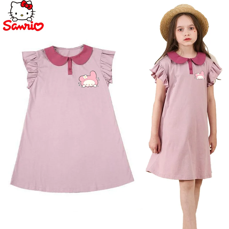 Sanrio My Melody Платье-поло с юбкой, кукольный воротник Каваи, летящий рукав, хлопковое детское милое платье-юбка, подарок на день рождения