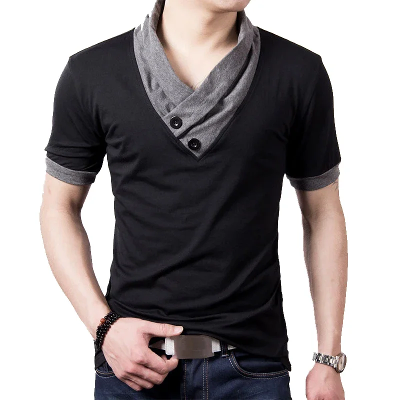 B3385 Тонкая хлопковая черная футболка с V-образным вырезом в стиле пэчворк с коротким рукавом, мужские топы и тройники на пуговицах