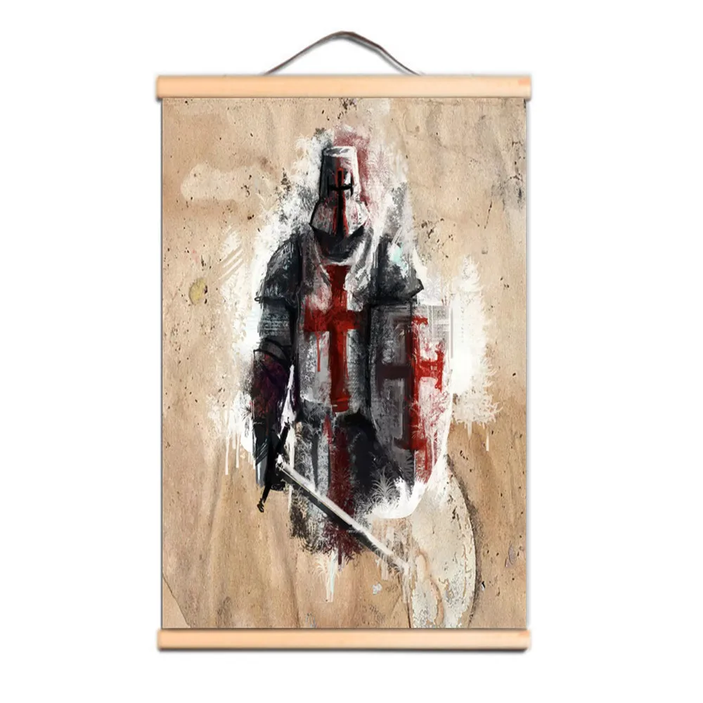 Настенные плакаты с древним воином Христа, винтажные рыцари-тамплиеры, художественная печать на холсте, прокрутка с осью из цельного дерева для домашнего декора
