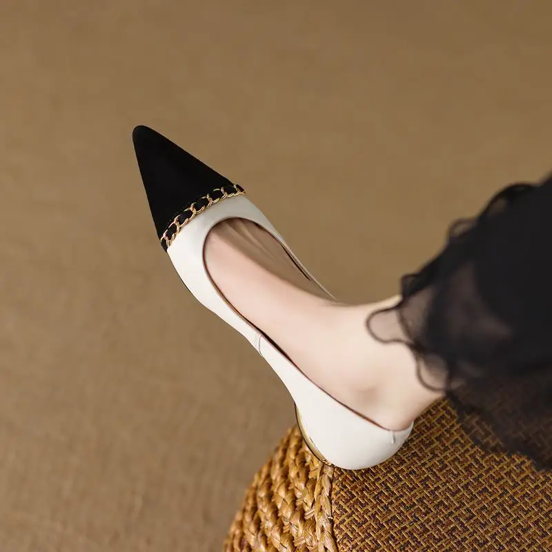 Размер 34-42, удобные туфли на низком каблуке из натуральной кожи с острым носком, весенняя мода, дизайн цепочек, уличная женская обувь на каблуках для девочек