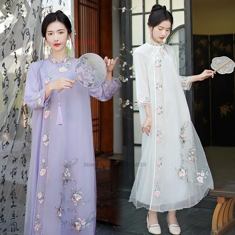 2024 китайское улучшенное шифоновое платье ципао с национальной цветочной вышивкой чонсам трапециевидной формы qipao oriental banquet party вечернее платье