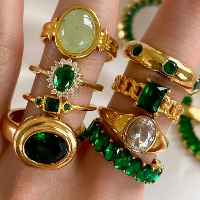 Позолоченное кольцо из нержавеющей стали с зеленым цирконием, женские модные Универсальные кольца, ювелирные изделия