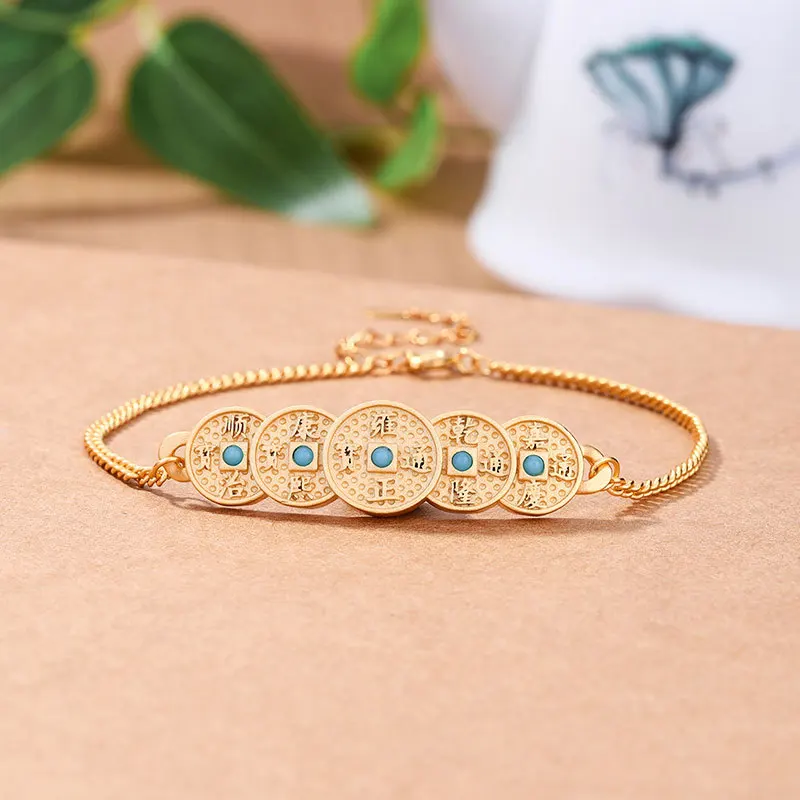 Креативный дизайн Древнее золотое ремесло медная монета бирюзовый браслет для женщин изысканный китайский стиль браслеты шарм ювелирные изделия