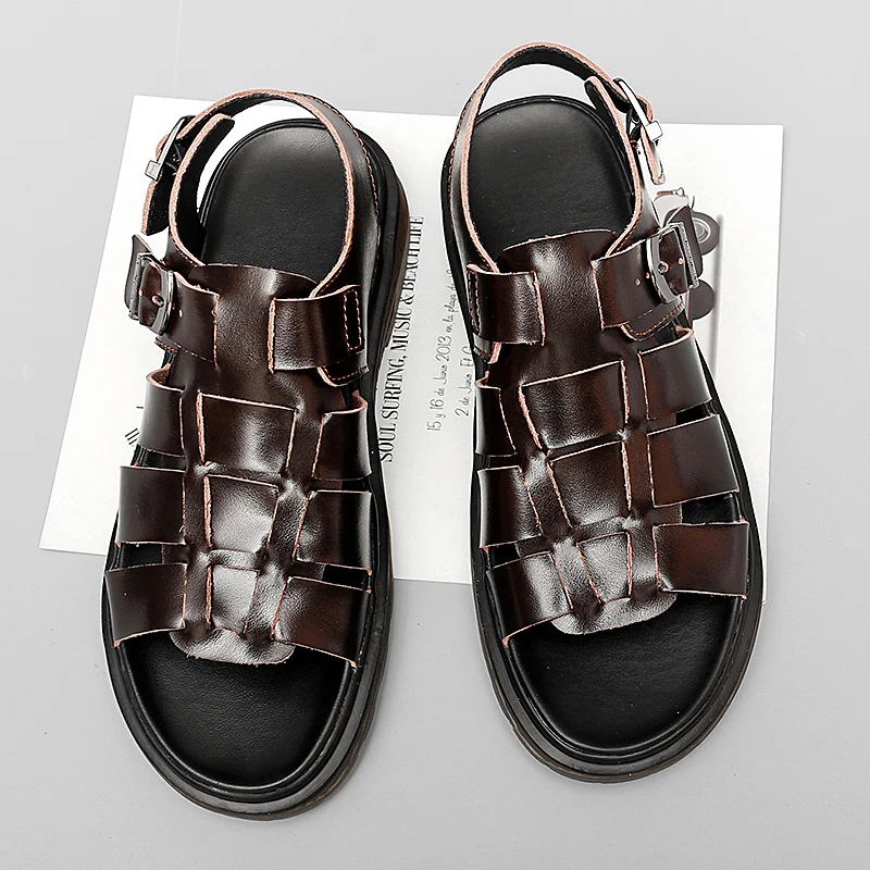 Мужские сандалии Итальянская повседневная обувь из натуральной кожи Летние Новые Дышащие Деловые сандалии Уличные Удобные пляжные сандалии